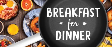 Breakfast for dinner text on a skillet with breakfast foods in the background